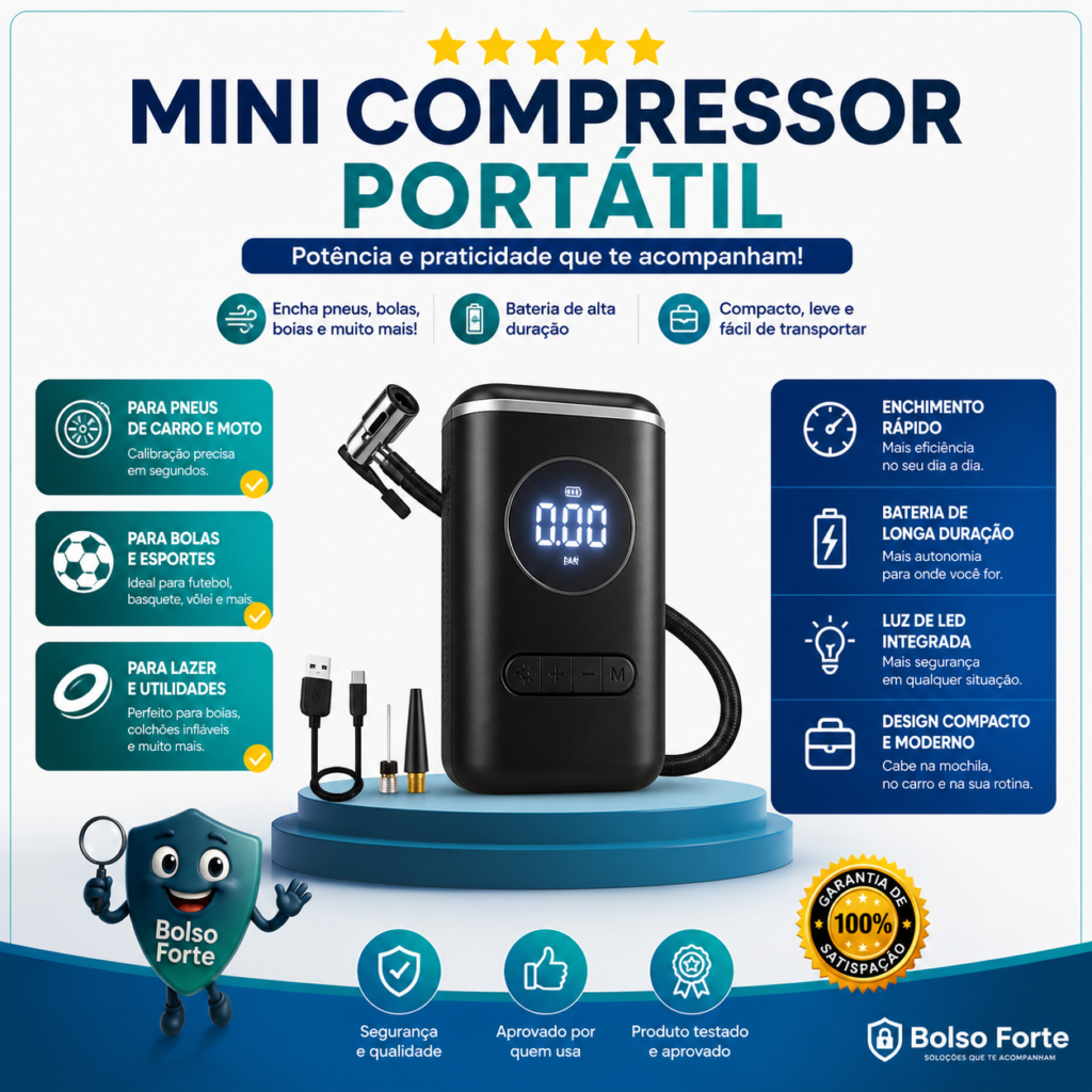 Destaca-se Imagem com Detalhes do Compressor de Ar Portátil Blackone Mini USB-C