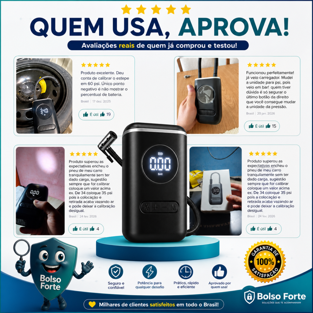 Destaca-se Imagem Ilustrativa Enviada e Comentada pelos Compradores do Compressor de Ar Portátil Blackone Mini USB-C Após o Uso