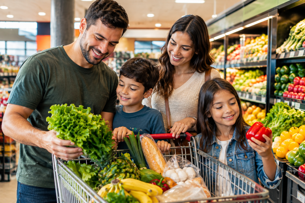 Destaca-se família no supermercado fazendo suas compras e empurrando o carrinho.