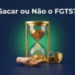 Ampulheta dourada com moedas caindo, representando o desconto ao antecipar o saque-aniversário do FGTS