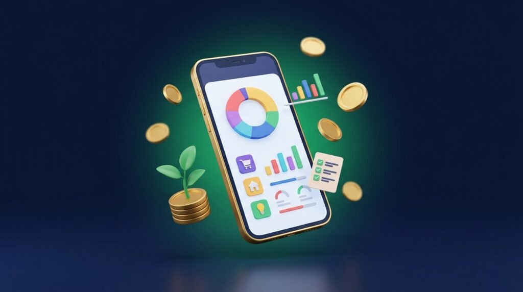 Celular exibindo um painel de controle financeiro com gráfico de gastos, representando aplicativos de controle financeiro gratuitos