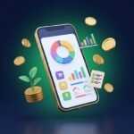 Celular exibindo um painel de controle financeiro com gráfico de gastos, representando aplicativos de controle financeiro gratuitos