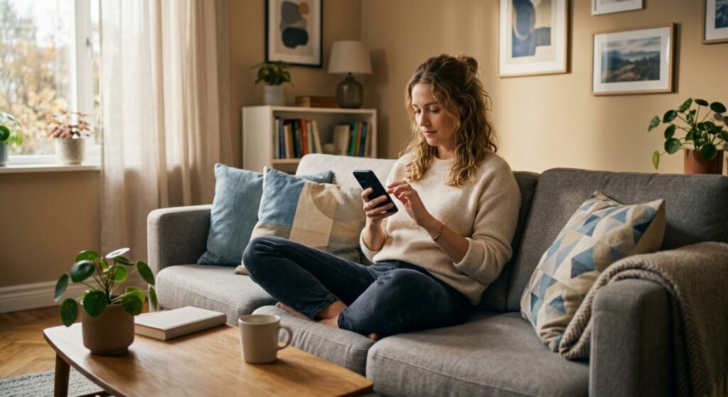 Mulher no celular representando aplicativos de controle financeiro gratuitos