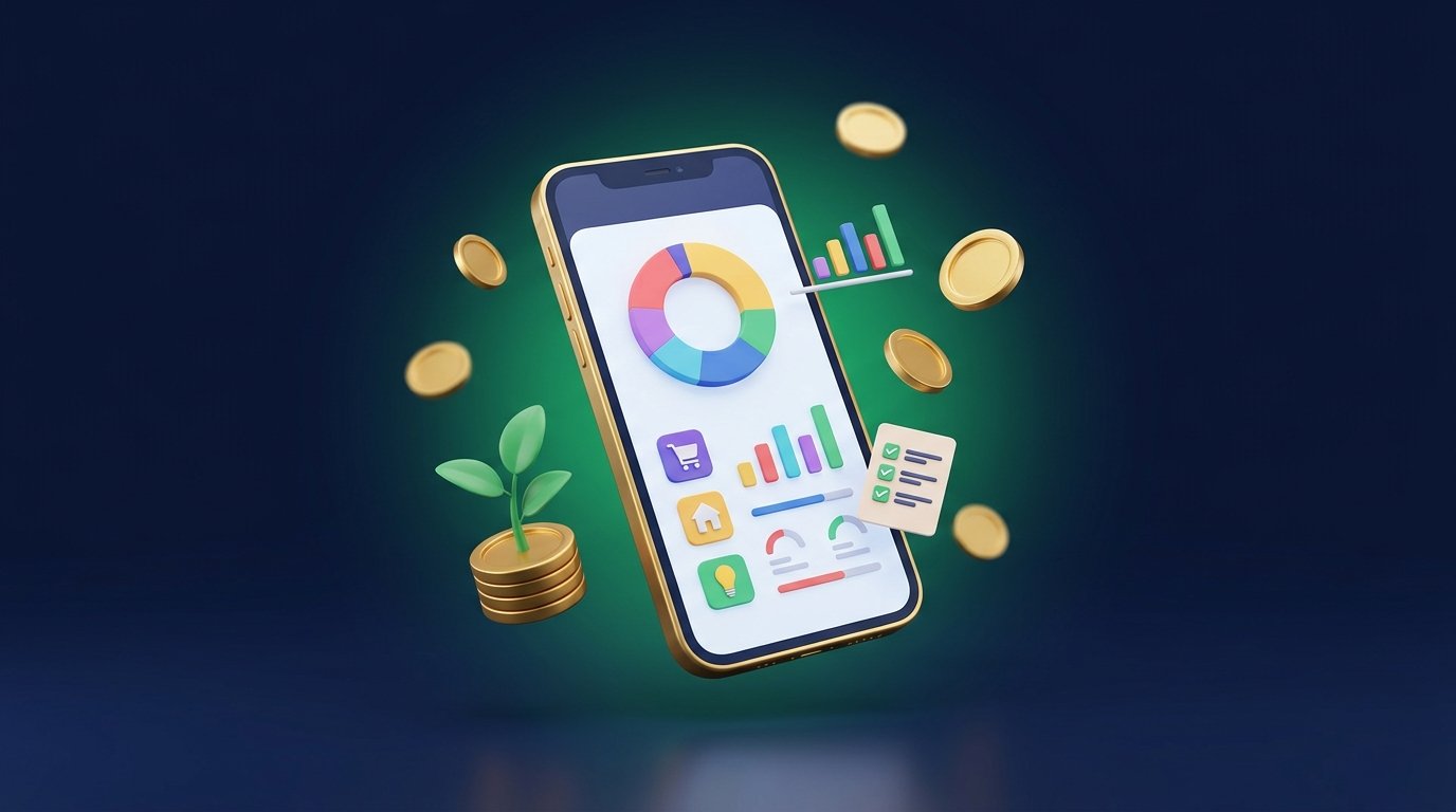 Celular exibindo um painel de controle financeiro com gráfico de gastos, representando aplicativos de controle financeiro gratuitos