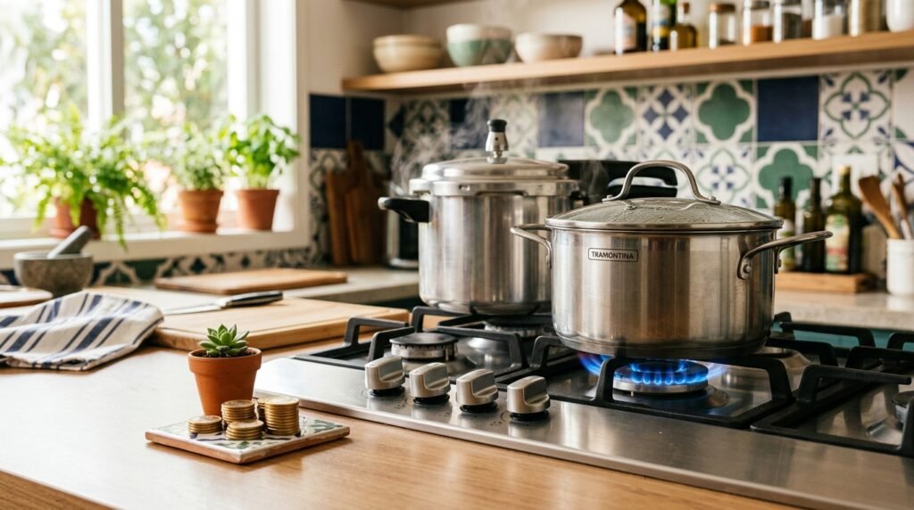 Panela tampada sobre fogão a gás com chama azul, ilustrando como economizar gás de cozinha