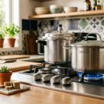 Panela tampada sobre fogão a gás com chama azul, ilustrando como economizar gás de cozinha