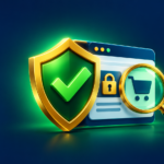 Escudo com símbolo de verificação protegendo uma loja online e uma isca de preço, ilustrando como saber se um site é confiável