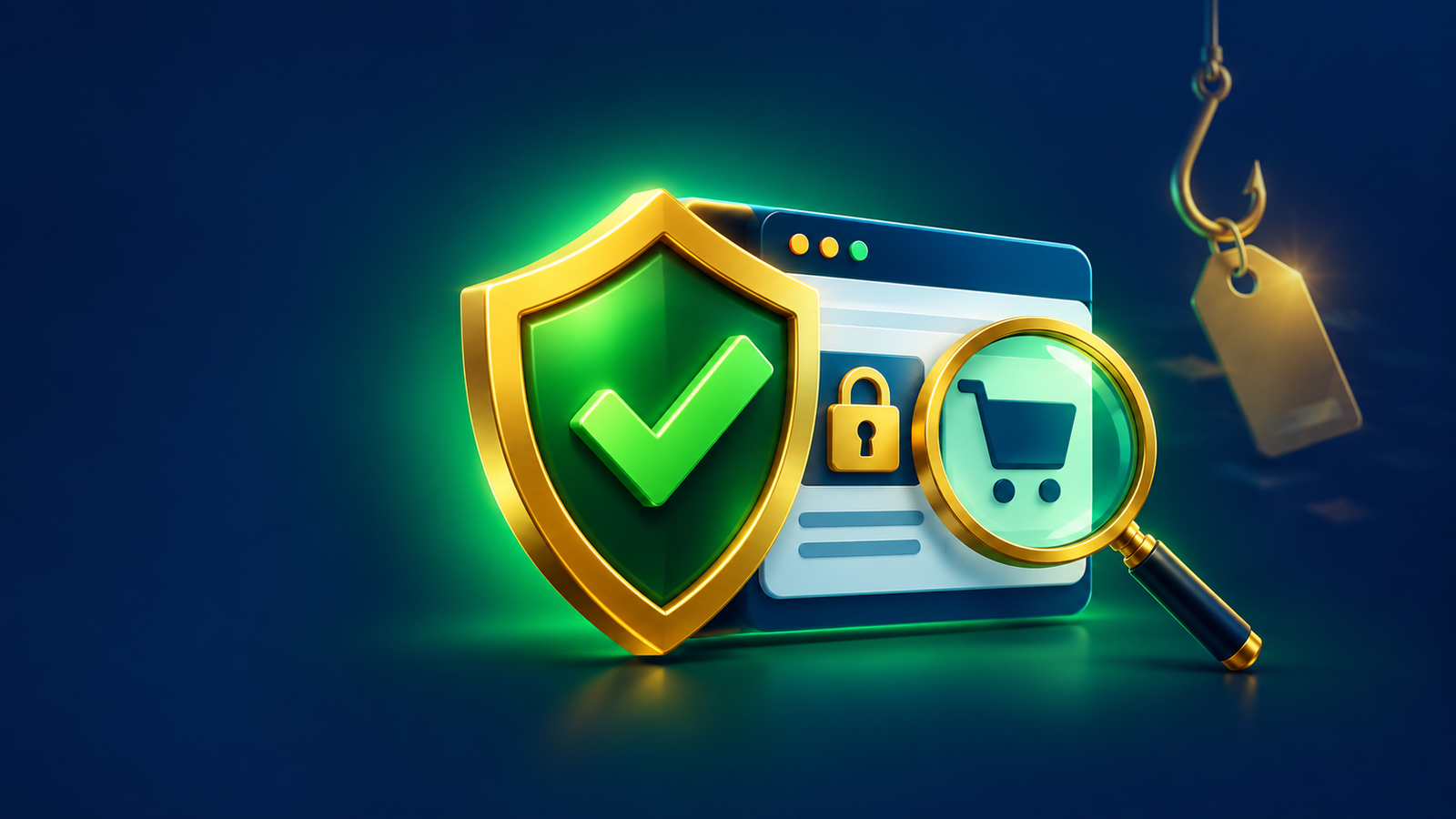 Escudo com símbolo de verificação protegendo uma loja online e uma isca de preço, ilustrando como saber se um site é confiável