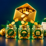 Envelope dourado com moedas divididas em três potes, representando o que fazer com o 13º salário