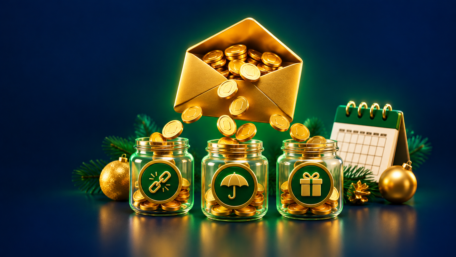 Envelope dourado com moedas divididas em três potes, representando o que fazer com o 13º salário