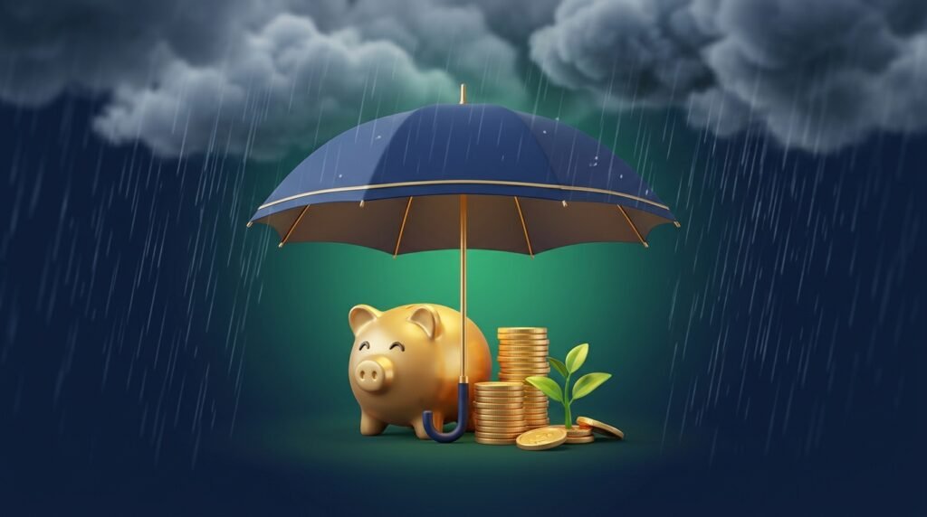 Guarda-chuva protegendo um cofrinho dourado e moedas da chuva, representando a reserva de emergência