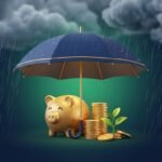Guarda-chuva protegendo um cofrinho dourado e moedas da chuva, representando a reserva de emergência