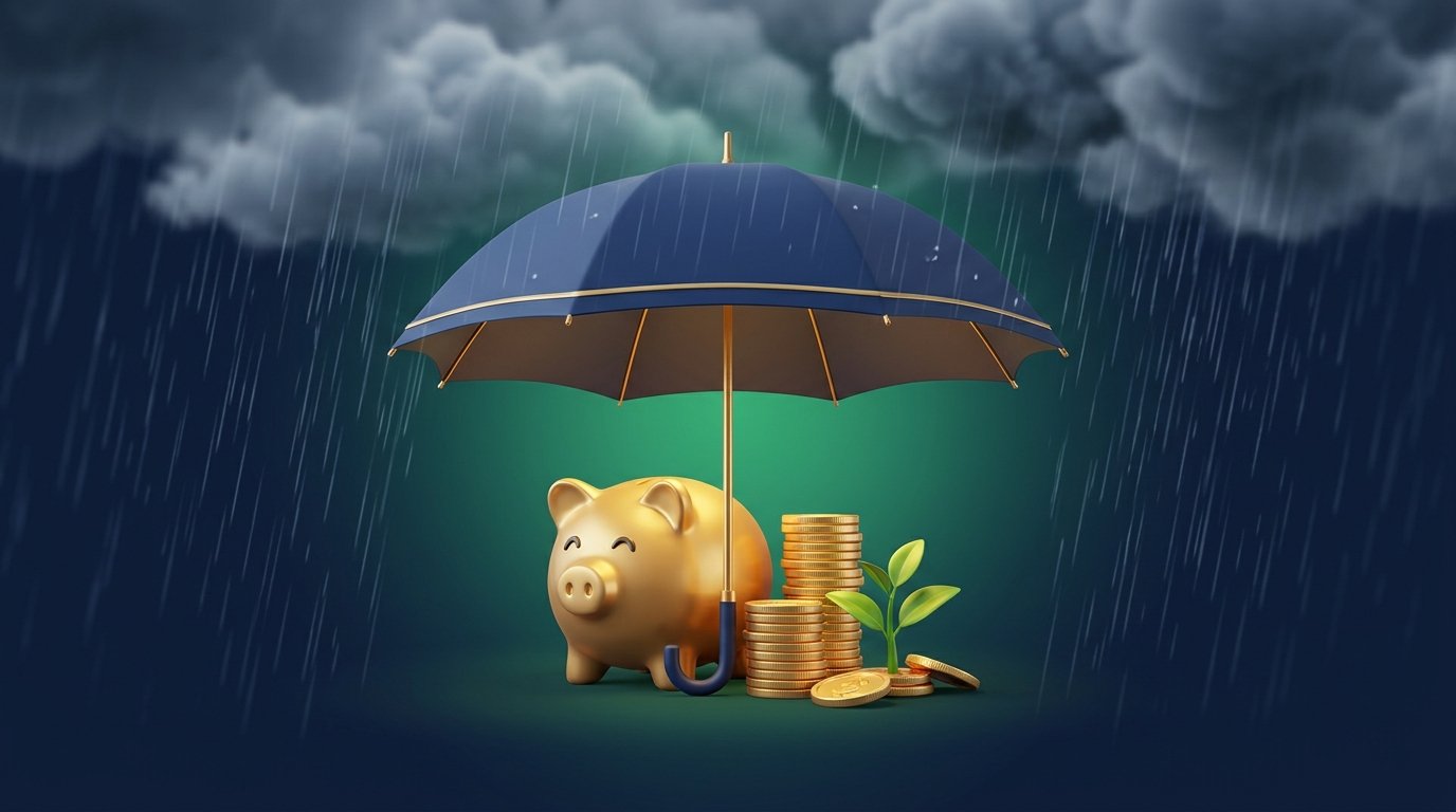Guarda-chuva protegendo um cofrinho dourado e moedas da chuva, representando a reserva de emergência