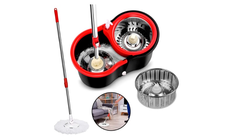 Mop Giratório Pro Com Centrífuga em Aço Inox Powermaid Cinza e Vermelho