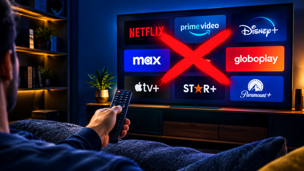 Pessoa apontando o controle remoto para a televisão com serviços de streaming riscados por um X vermelho, simbolizando o cancelamento de assinaturas.