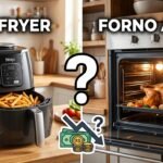 Comparação entre uma air fryer com batatas fritas e um forno a gás com frango assado, separados por uma interrogação e ícones de dinheiro.