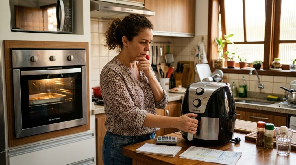 Pessoa reflexiva na cozinha segurando a alça de uma air fryer, comparando com o forno a gás ligado ao lado e uma conta de luz sobre a bancada.