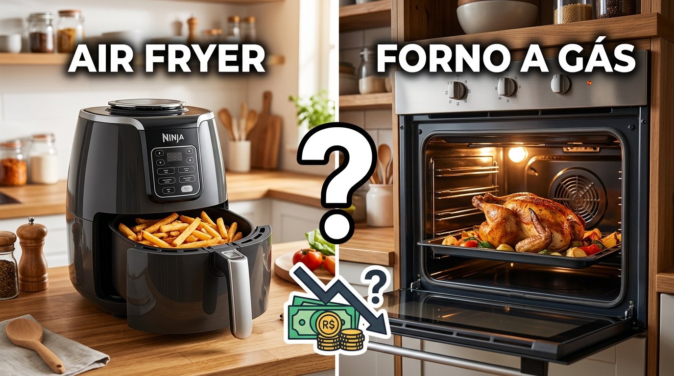 Comparação entre uma air fryer com batatas fritas e um forno a gás com frango assado, separados por uma interrogação e ícones de dinheiro.