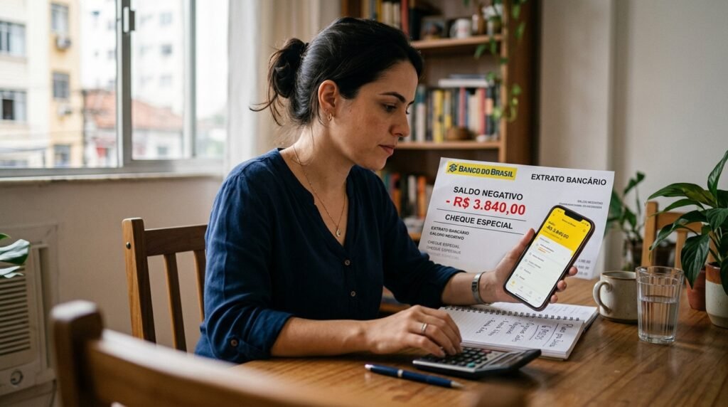 Pessoa sentada à mesa organizando finanças com calculadora e caderno, segurando celular com extrato bancário.