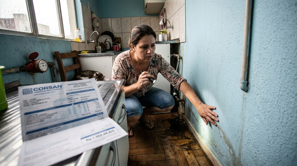 Mulher preocupada analisando conta de água alta e investigando vazamento oculto na parede com lanterna em cozinha residencial.