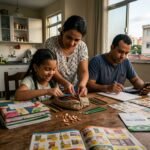 Família reunida à mesa da cozinha organizando cadernos, lápis de cor e folhetos de ofertas para economizar no material escolar.