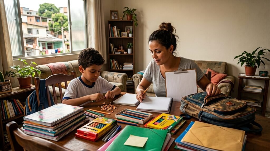 Mãe e filho conferindo lista de material escolar e organizando cadernos, estojos e mochilas sobre a mesa de casa.
