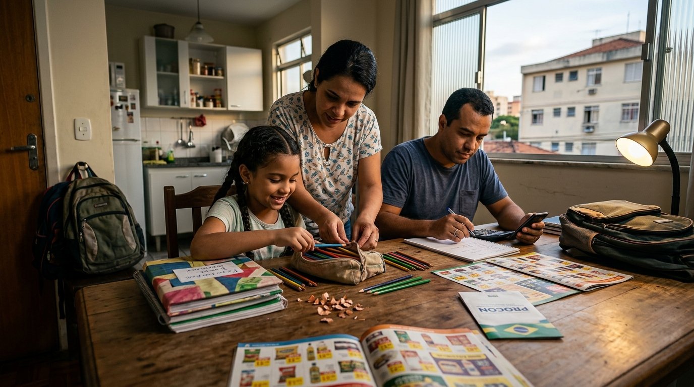 Família reunida à mesa da cozinha organizando cadernos, lápis de cor e folhetos de ofertas para economizar no material escolar.