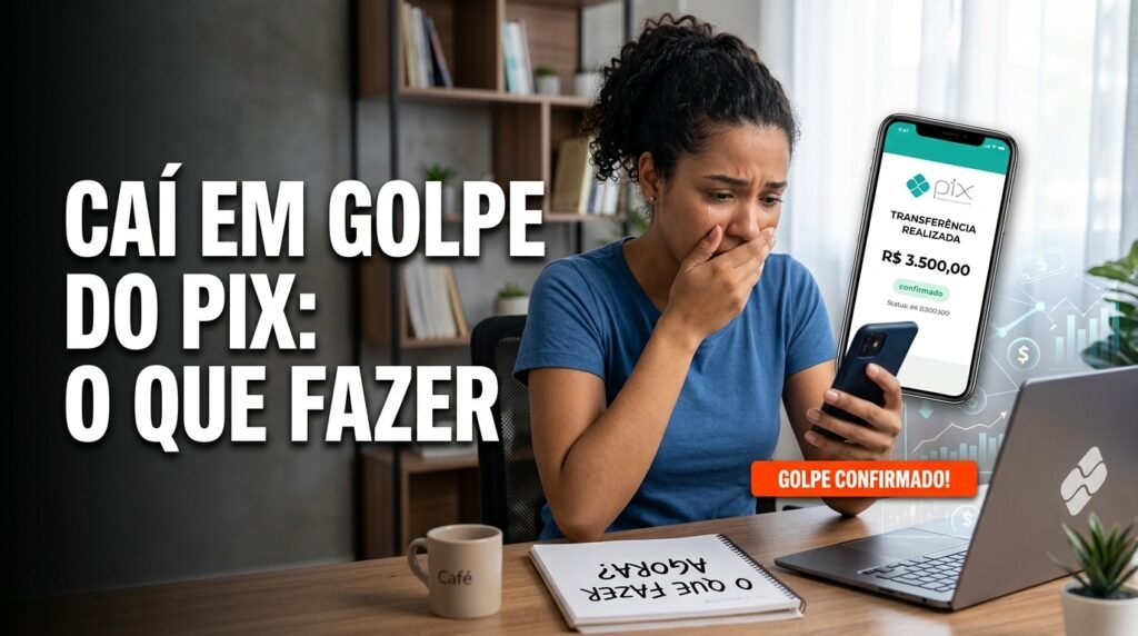 Mostra uma pessoa que acabou de cair em um golpe, assustada e sem saber o que fazer