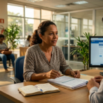 Mulher conversando com atendente de banco para solicitar isenção de taxa de conta bancária.