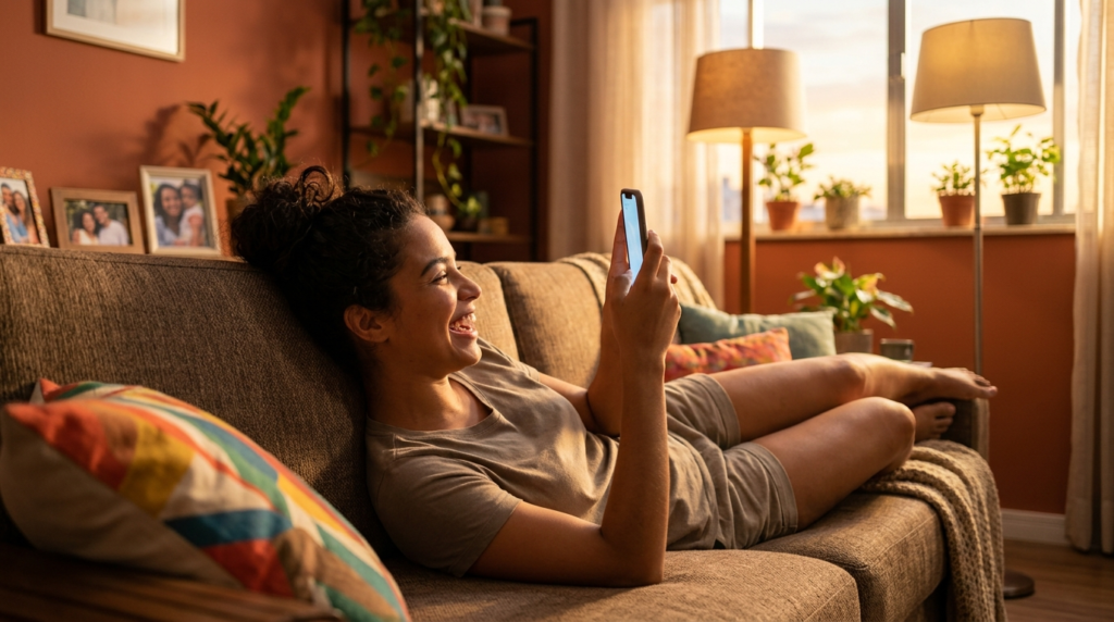 Mulher sorrindo no sofá de casa usando o celular para pedir isenção de tarifa bancária.