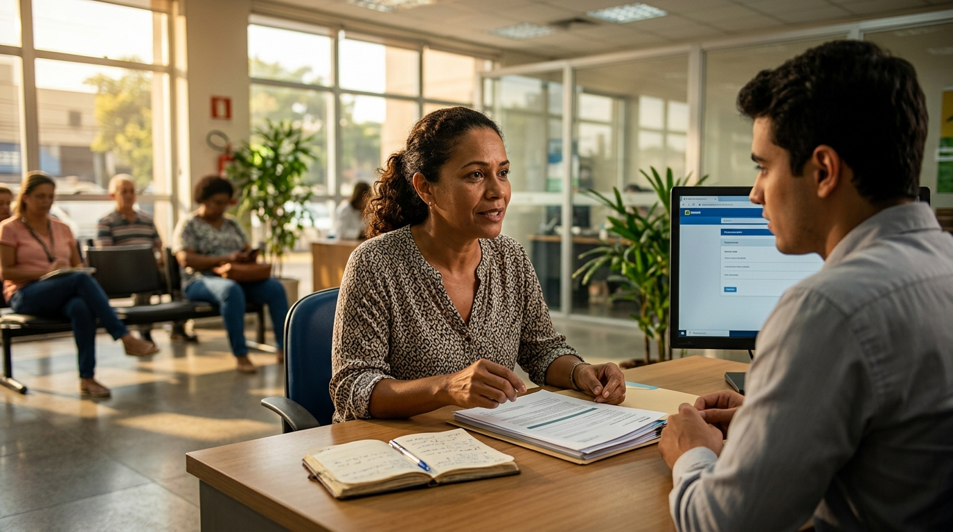 Mulher conversando com atendente de banco para solicitar isenção de taxa de conta bancária.