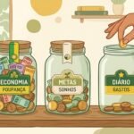 Três potes com dinheiro representando a divisão do salário no método 50/30/20 com salário baixo