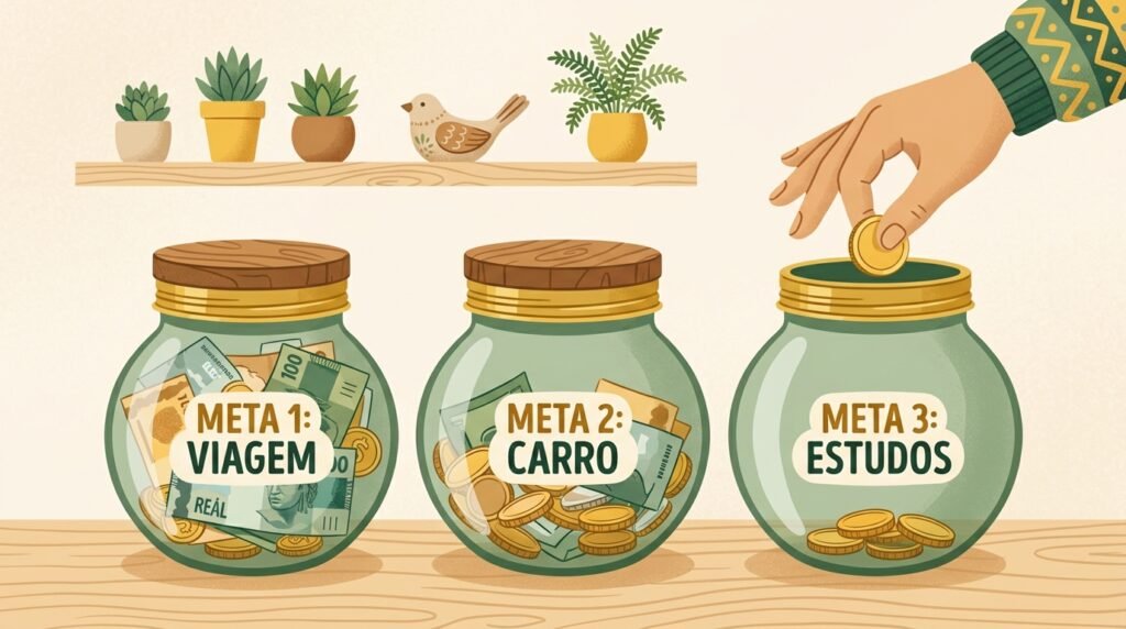 Três potes com dinheiro representando a divisão do salário no método 50/30/20 com salário baixo e sonhos