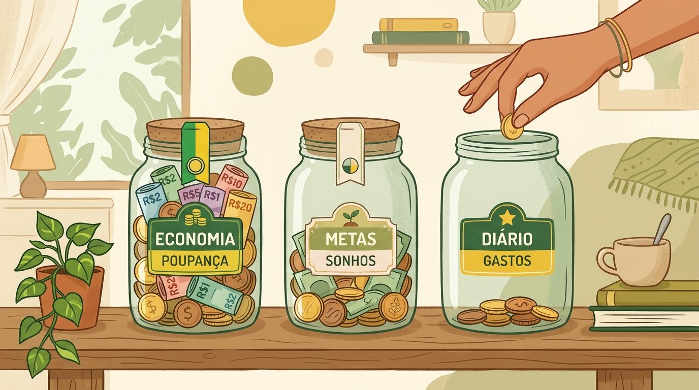 Três potes com dinheiro representando a divisão do salário no método 50/30/20 com salário baixo