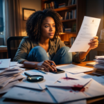 Mulher a ler uma notificação de dívida com correspondência acumulada numa mesa de escritório.