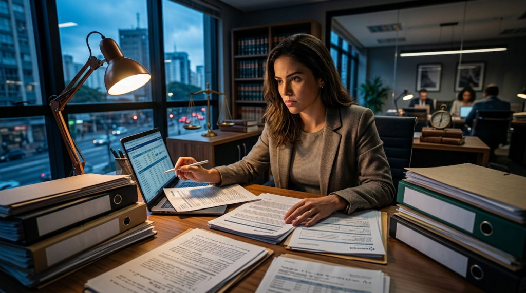 Mulher concentrada a analisar documentos e relatórios financeiros num escritório à noite.