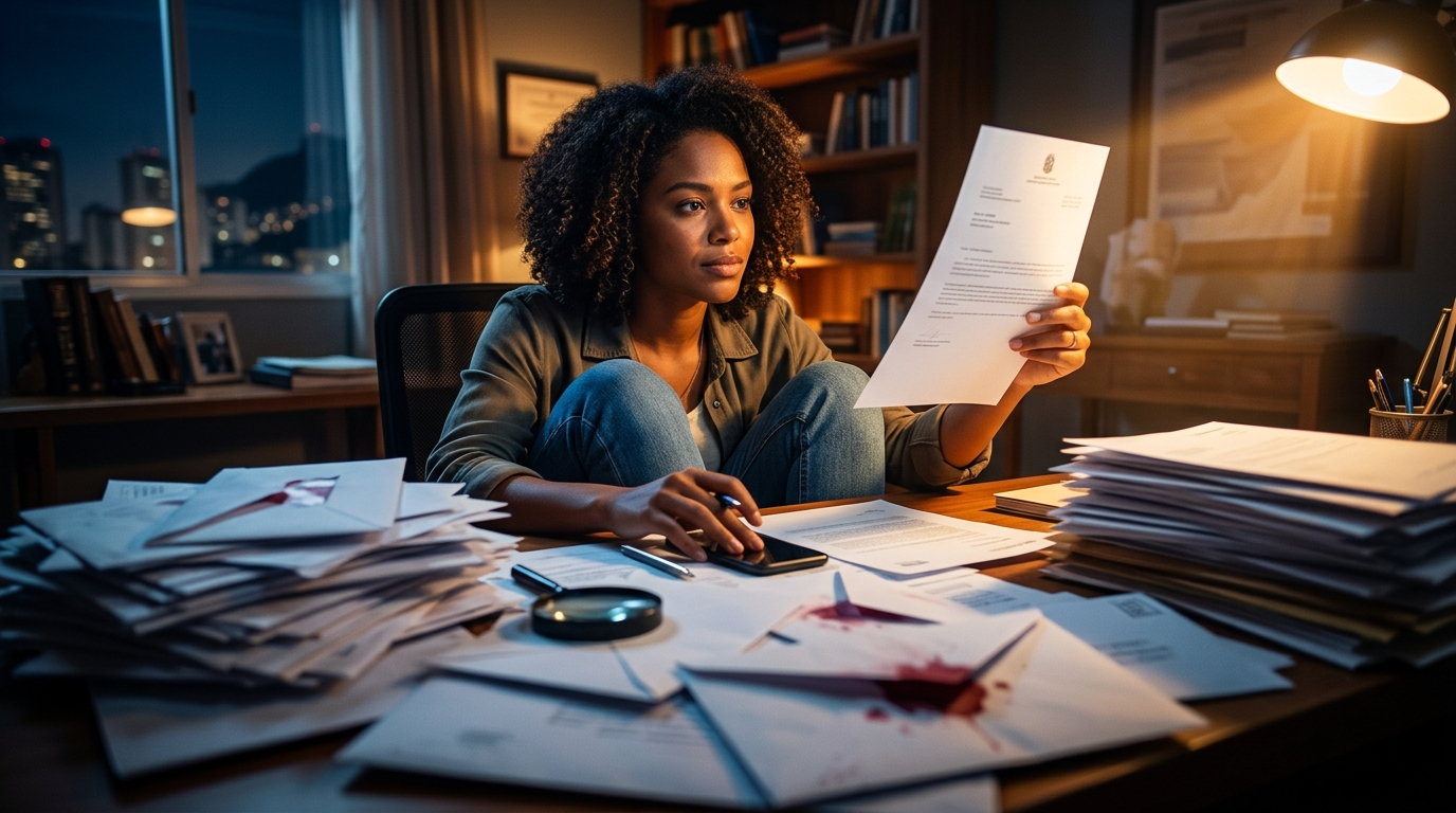 Mulher a ler uma notificação de dívida com correspondência acumulada numa mesa de escritório.