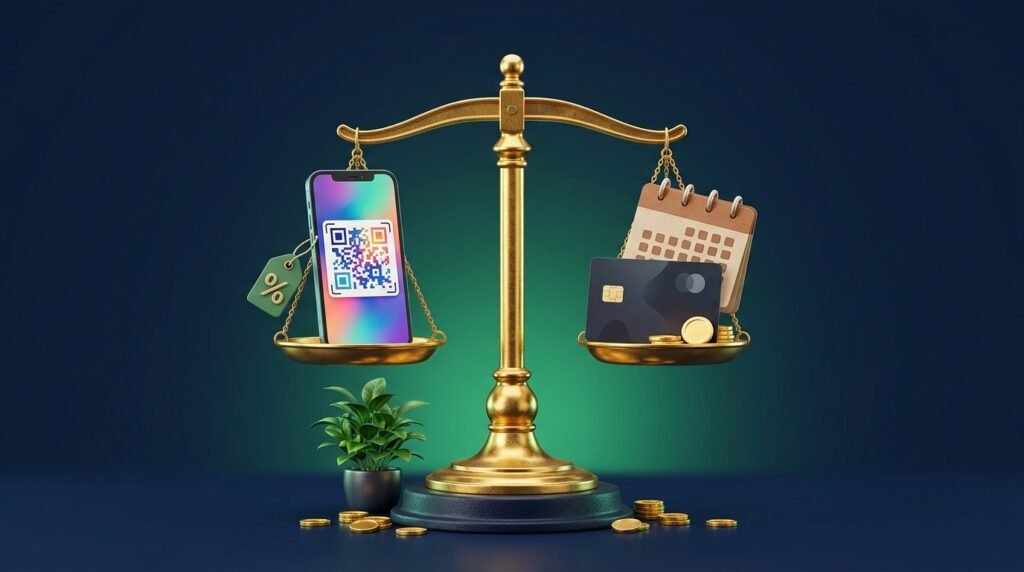 Balança comparando pagamento no Pix com desconto e parcelamento no cartão sem juros