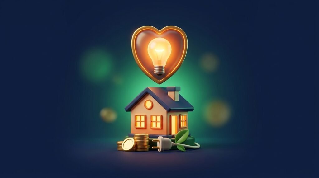Ilustração 3D de casa com lâmpada acesa em escudo de coração, tomada com folha e moedas de ouro