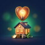 Ilustração 3D de casa com lâmpada acesa em escudo de coração, tomada com folha e moedas de ouro