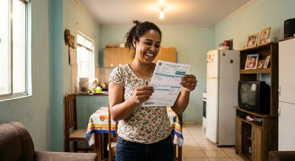 Mulher sorridente dentro de casa segurando conta de luz em ambiente iluminado