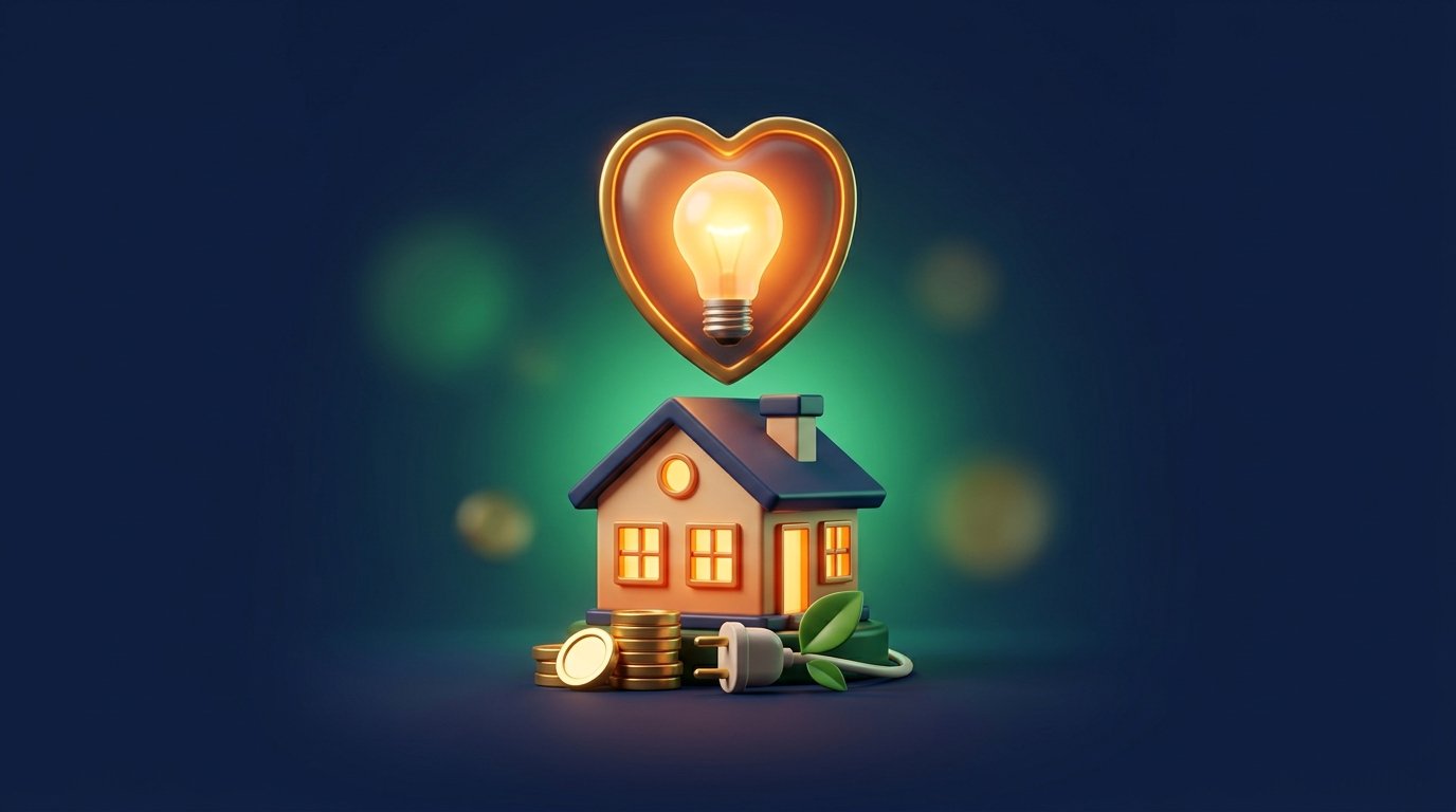 Ilustração 3D de casa com lâmpada acesa em escudo de coração, tomada com folha e moedas de ouro