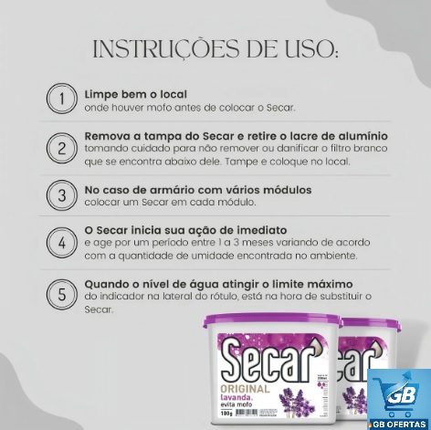 Destaca-se Imagem das Instruções de Uso do Antimofo Secar 180g Lavanda e Desumidificador para Armário