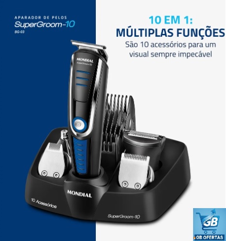Aparador De Pelos Super Groom 10 Mondial 6W Bivolt BG-03 Pro1 Destaca-se Imagem das Funções 10 em 1 do Aparador De Pelos Super Groom 10 Mondial 6W Bivolt BG-03