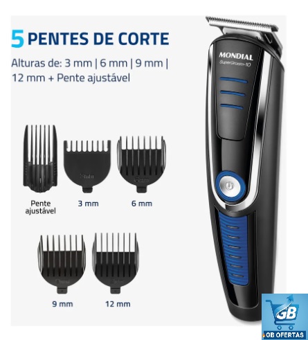 Aparador De Pelos Super Groom 10 Mondial 6W Bivolt BG-03 Pro2 Destaca-se Imagem dos 5 Pentes de Corte do Aparador De Pelos Super Groom 10 Mondial 6W Bivolt BG-03