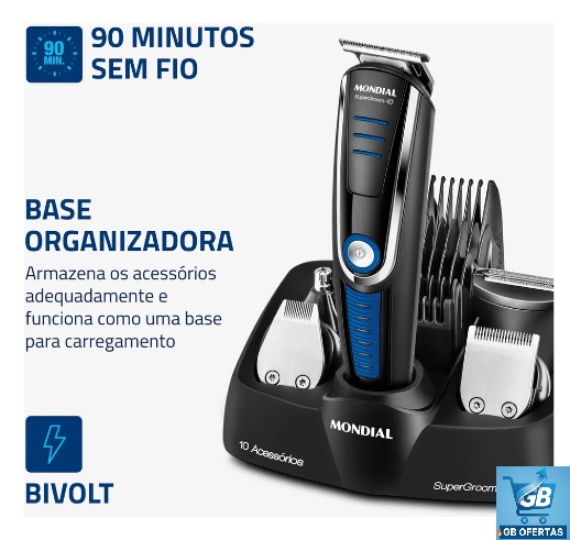 Aparador De Pelos Super Groom 10 Mondial 6W Bivolt BG-03 Pro3 Destaca-se Imagem da Base Organizadora e Bateria do Aparador De Pelos Super Groom 10 Mondial 6W Bivolt BG-03