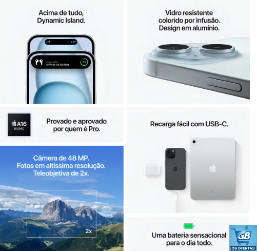 Destaca-se Imagem das Funcionalidades do Apple iPhone 15 (256 GB)