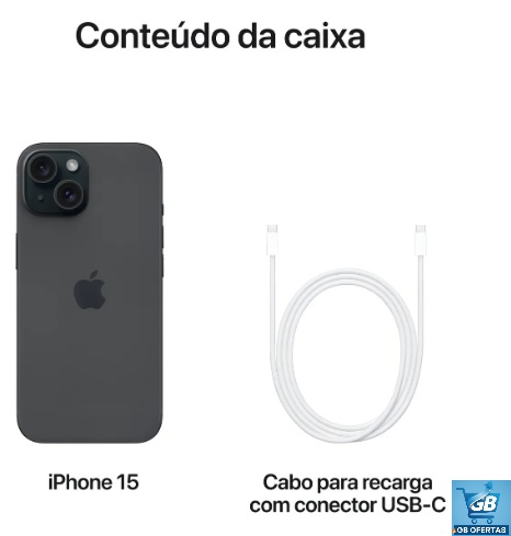 Destaca-se Imagem do Conteúdo da Caixa do Apple iPhone 15 (256 GB)