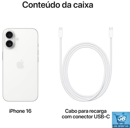 Apple iPhone 16 (256 GB) Pro3 Destaca-se Imagem Destacando o Conteúdo da Caixa do Apple iPhone 16 (256 GB)