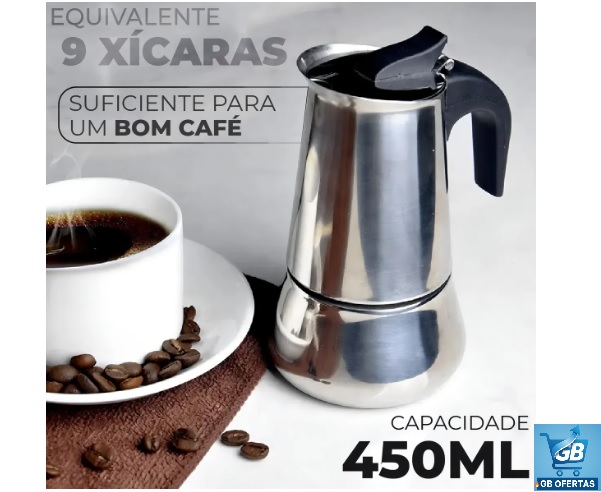 Cafeteira Italiana Moka Expresso Ecomixshop 9 Xícaras Manual Aço Inox 450ml Pro1 Destaca-se Imagem da Cafeteira Italiana Moka Expresso Ecomixshop 9 Xícaras Manual Aço Inox 450ml Mostrando a Equivalência em Xícaras